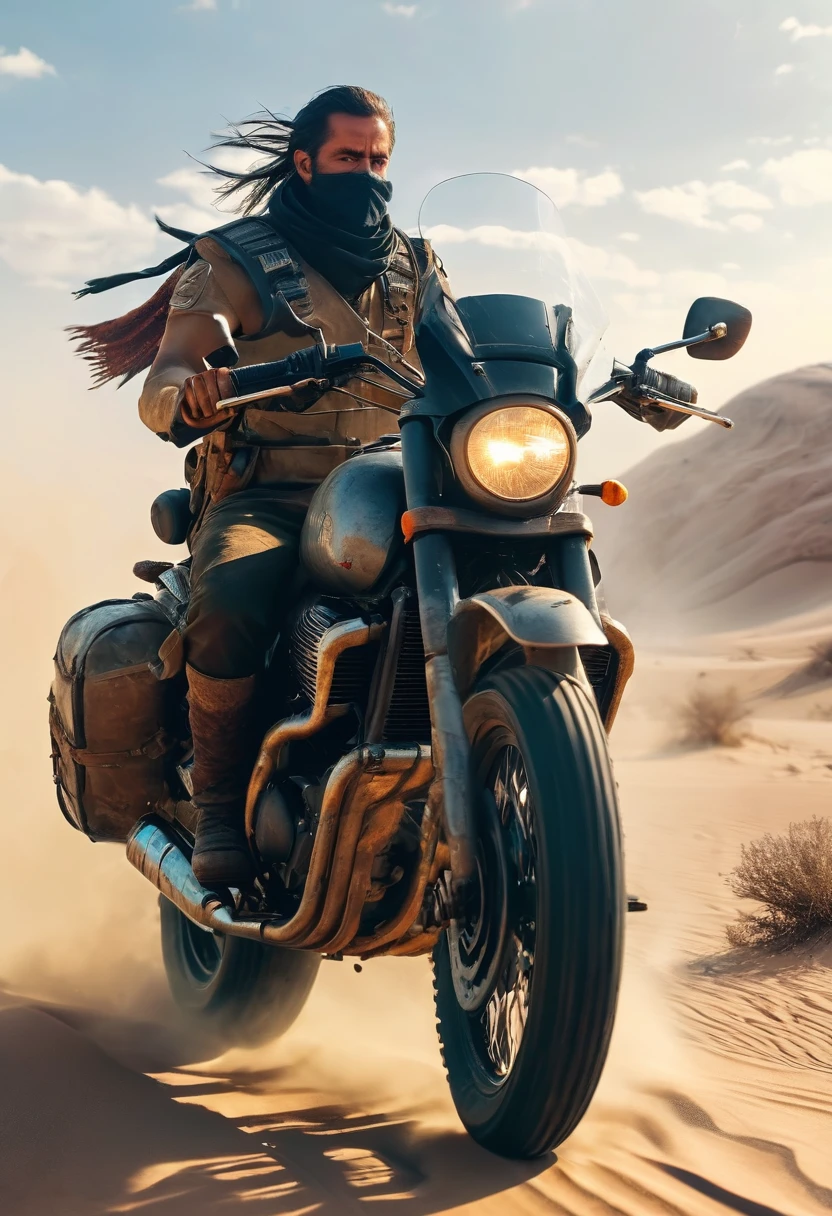 warrior and his motorcycle in the desert over approaching sandstorm realistic 4k