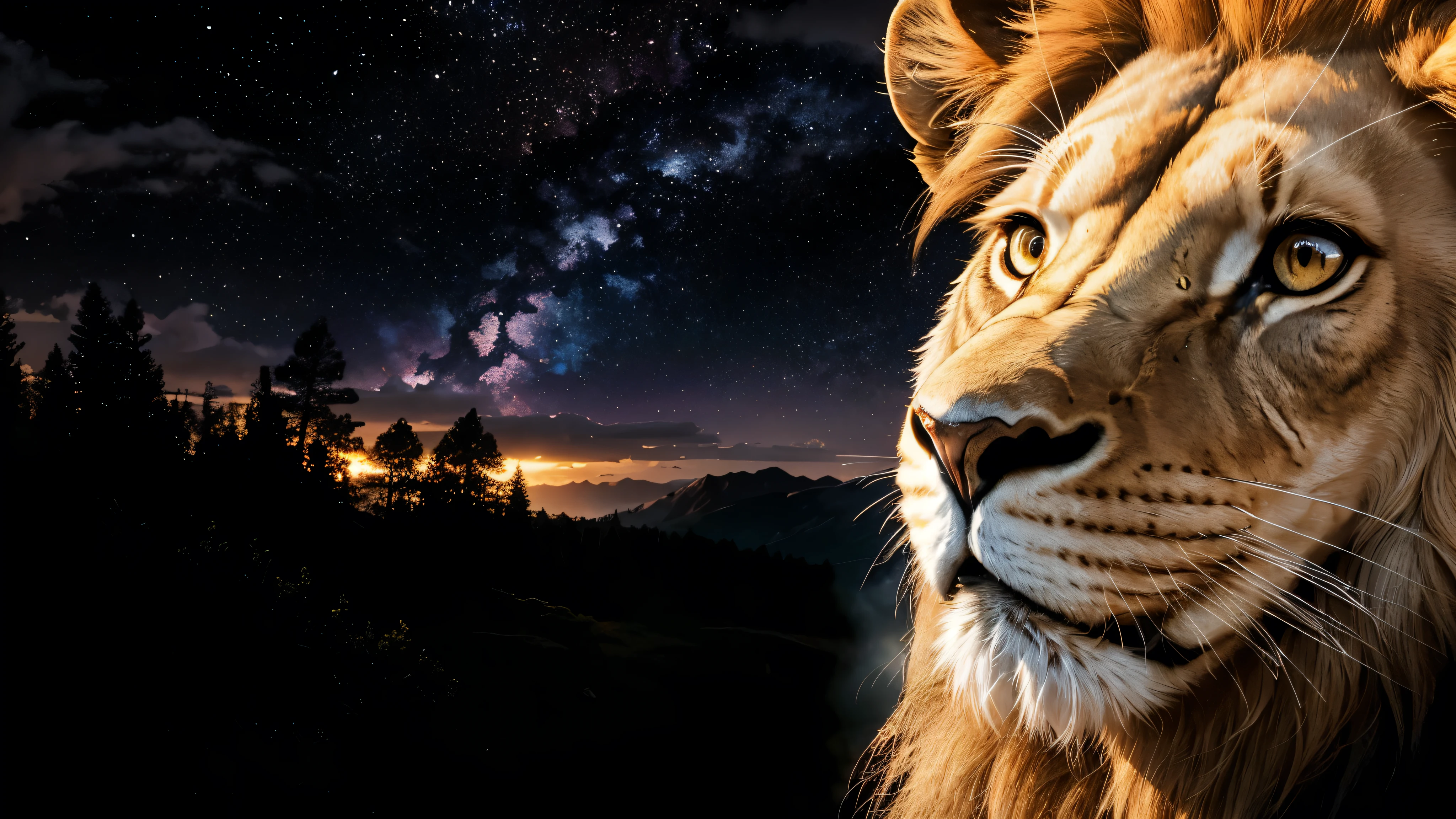 Lion, Divine Lion, naturals, naturals, ferocious, masculine, mighty, golden lion, Powerful Lion, Beautiful nature, Great Realistic Lion, FullHD 8K, Sky ligh, Sunset Night, Ligh Sky Sun, Balck Golden, black andwhite, black and gold, detailed realistic face, 8K Detailed Realistic White Lion, Ultrarealistic 8k |, Energia de thunder realista detalhada, Strong Creature realista detalhada, Strong Creature, Lion macho, Rendering, Fotorrealista 8K, UltraHD Alta definição 8K, Detailed Realistic 16K, Nitidez Fotorrealista 8K, 16K photorealistic textures, Contraste Fotorrealista 8K, Sombras Fotorrealistas 8K, Luzes Fotorrealistas 8K, Detailed realistic sunset, Detailed Realistic Lion Face, Detailed realistic light, detailed textures, thunder, detailed shadows, detailed colors, Celestial Electricity, Golden thunder, Lion realista, Ultra Realistic 16K, Realistic 16K, Realistic 16K sharpness, 16K photorealistic textures, 16K realistic colors, powerful creature, Majestic power, Power of Heaven, Great Divine, detailed contrast, realistic contrast, high resolution, detailed colors, fire, villany, divine creature, 8K, realistic detailed, 16K, 8K, High definition, detailed contrast, realistic contrast, high resolution, detailed colors, fire, villany, divine creature, realistic detailed, posh, chic