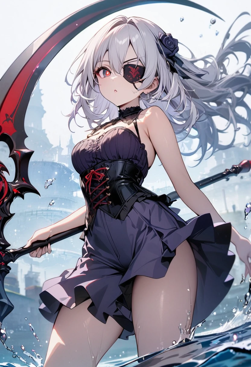 One girl, masterpiece, best quality, fair skin, purple mesh, white hair, red pupils, corset, culottes, black scythe, black rose eyepatch, water background