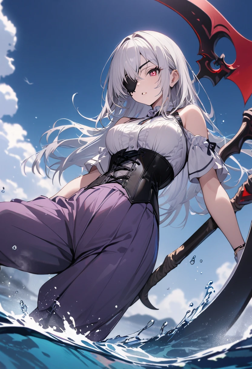 One girl, masterpiece, best quality, fair skin, purple mesh, white hair, red pupils, corset, culottes, black scythe, black rose eyepatch, water background