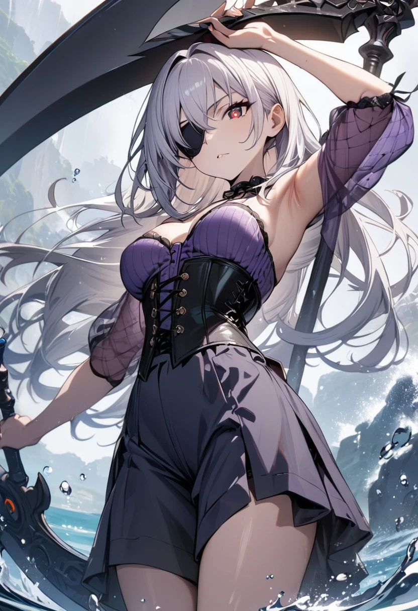 One girl, masterpiece, best quality, fair skin, purple mesh, white hair, red pupils, corset, culottes, black scythe, black rose eyepatch, water background
