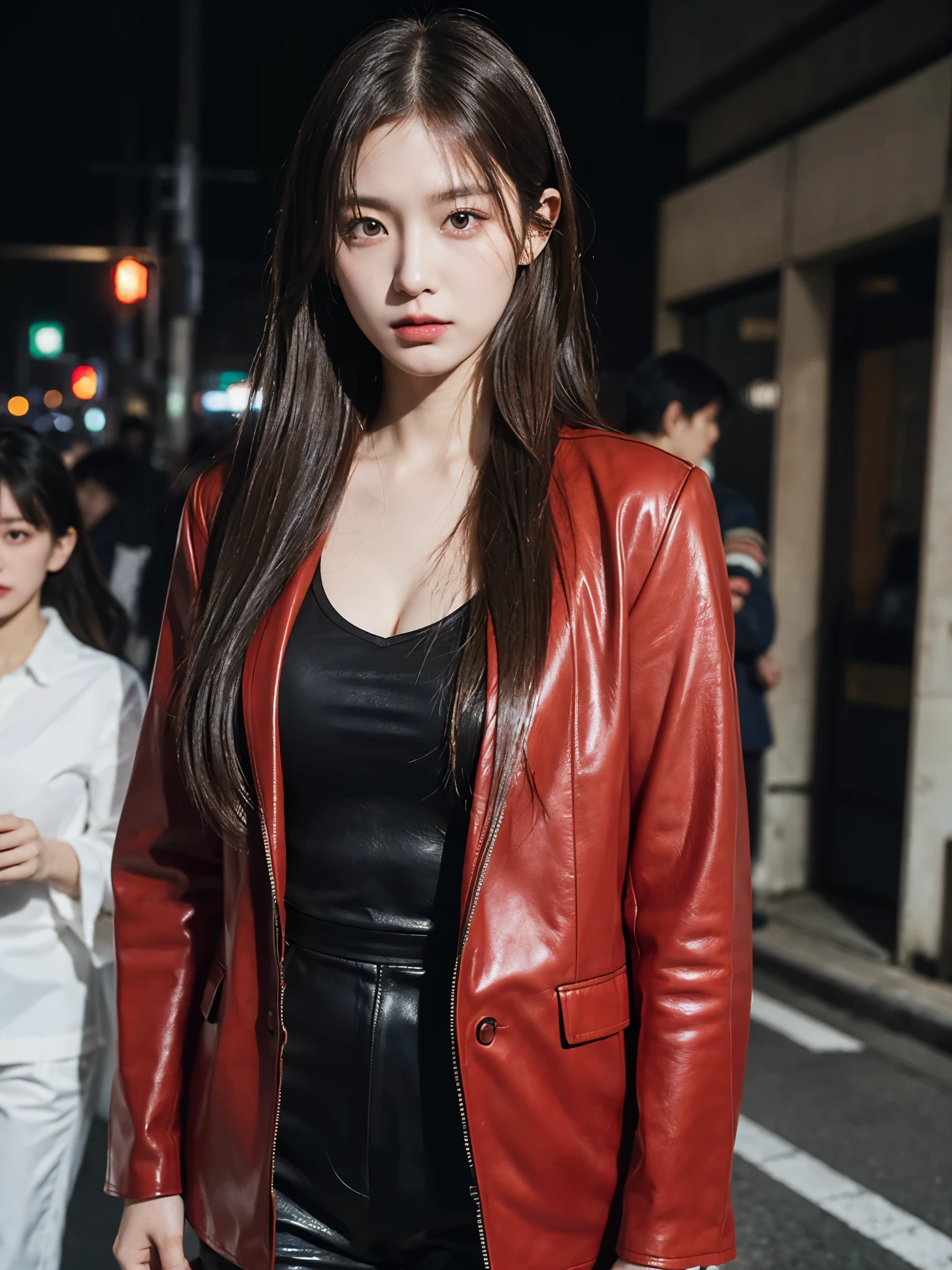 bewitching eyes, balanced eyes, //Street Snap //Wearing a Gucci red set-up leather suit and shirt,//breast focus, ((facing the viewer)), //On the streets of Tokyo, //japanese lady, pale skin, //droopy eyes,//long hair, //((standing)), high quality:1.3, professional lighting:2.0 realistic:1.2, 4K resolution, detailed skin, masterpiece:1.1