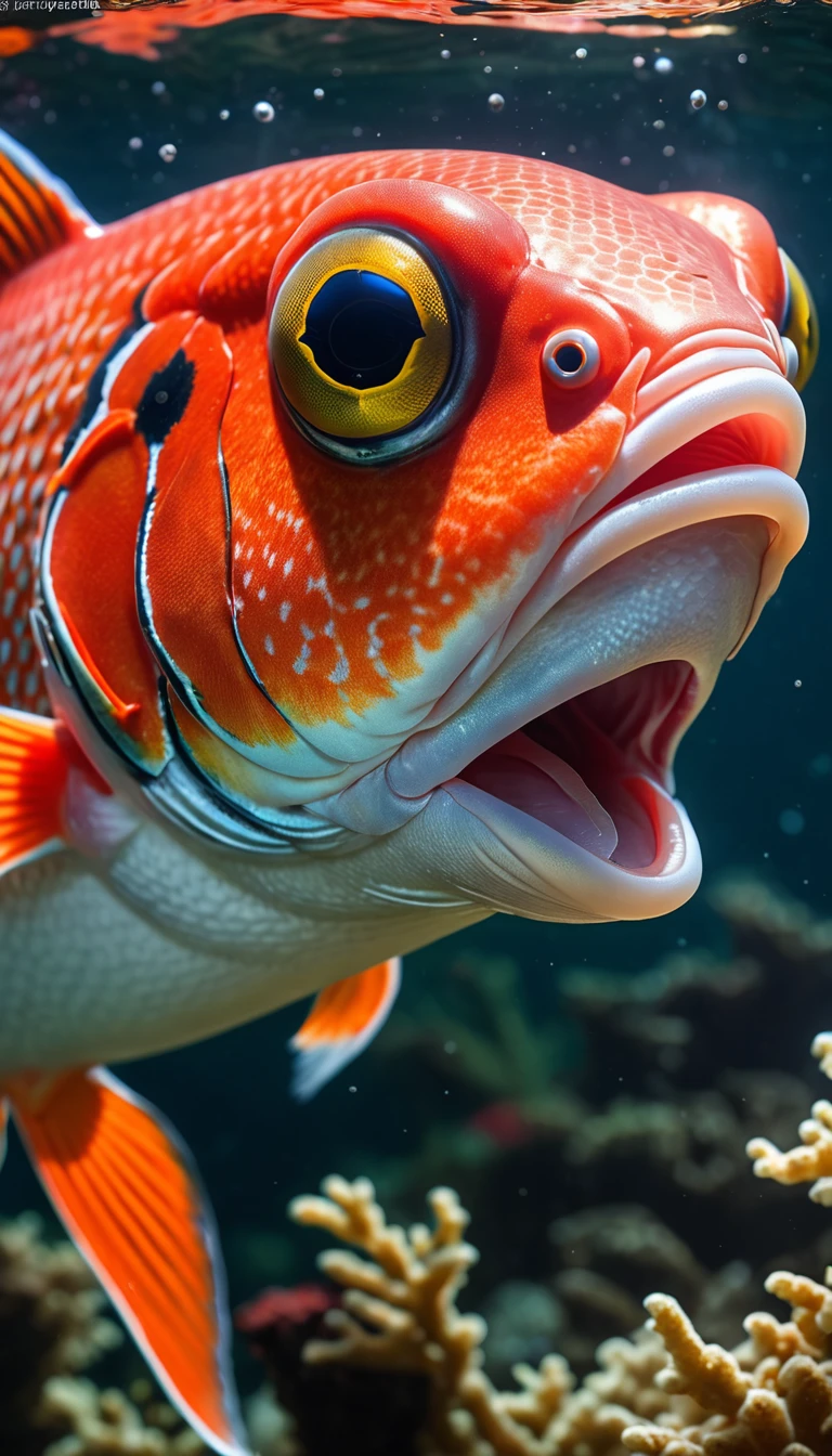 Panorama，河里有一种Mysterious Creatures：Red fish body，Fish head looks like a human face，Mysterious Creatures, shrike, (best quality，4K，8K，High level，masterpiece：1.2），Ultra Detailed，（lifelike，Photo real，Photo real：1.37），Highly detailed animals，Complex patterns，Realistic lighting，Fantasy Creatures