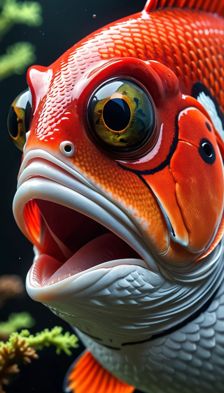Panorama,河里有一种Mysterious Creatures:Red fish body,Fish head looks like a human face,Mysterious Creatures, shrike, (best quality,4K,8K,High level,masterpiece:1.2),Ultra Detailed,(lifelike,Photo real,Photo real:1.37),Highly detailed animals,Complex patterns,Realistic lighting,Fantasy Creatures