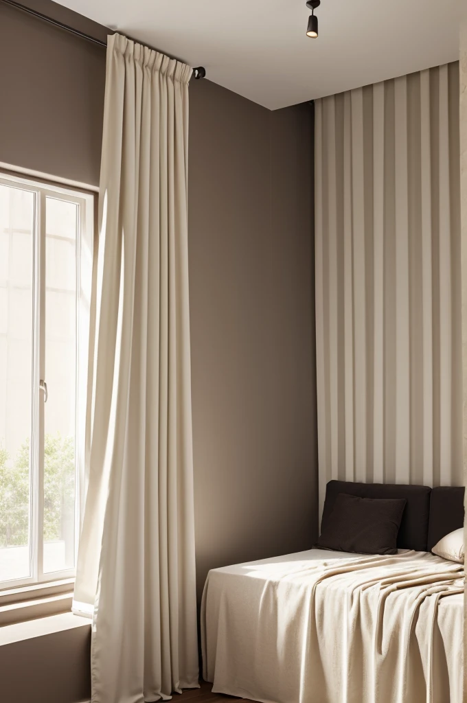 A wall of flat that has one slider window and wall should be color with light cream color and curtain of that window should be of dark chocolate color