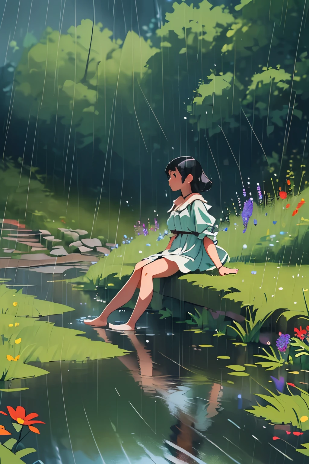 Girl by a Stream:
The girl is sitting by a small stream, dipping her toes in the water, enjoying the rain.
The scene includes a stone bridge, wildflowers along the banks, and forested hills in the background.
Raindrops create ripples in the stream, adding to the serene atmosphere