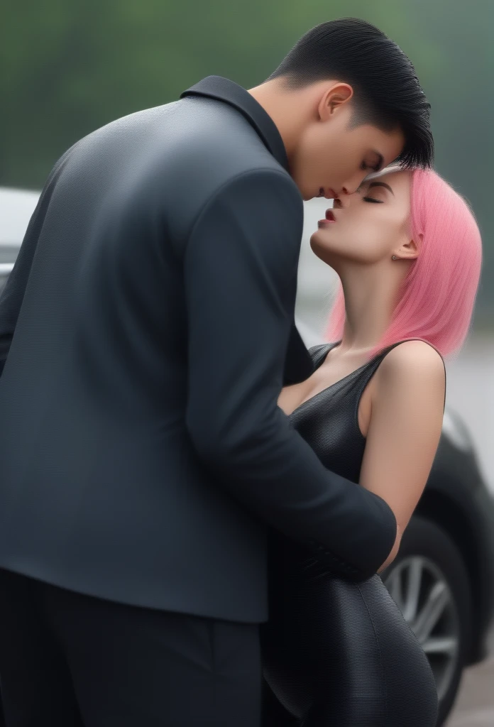 a beautiful detailed illustration of a masterpiece, 1 boy and 1 girl with pink hair and black hair, close up, boy in a black catsuit and black pants, girl in a white pleated shirt with a cracked button on the chest, upskirt, kissing in a car during heavy rainstorm, (best quality,4k,8k,highres,masterpiece:1.2),ultra-detailed,(realistic,photorealistic,photo-realistic:1.37),vivid colors,bokeh,studio lighting