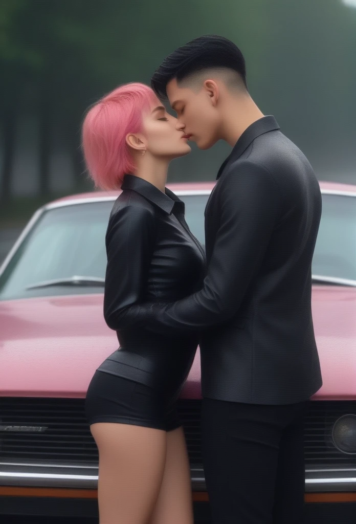 a beautiful detailed illustration of a masterpiece, 1 boy and 1 girl with pink hair and black hair, close up, boy in a black catsuit and black pants, girl in a white pleated shirt with a cracked button on the chest, upskirt, kissing in a car during heavy rainstorm, (best quality,4k,8k,highres,masterpiece:1.2),ultra-detailed,(realistic,photorealistic,photo-realistic:1.37),vivid colors,bokeh,studio lighting