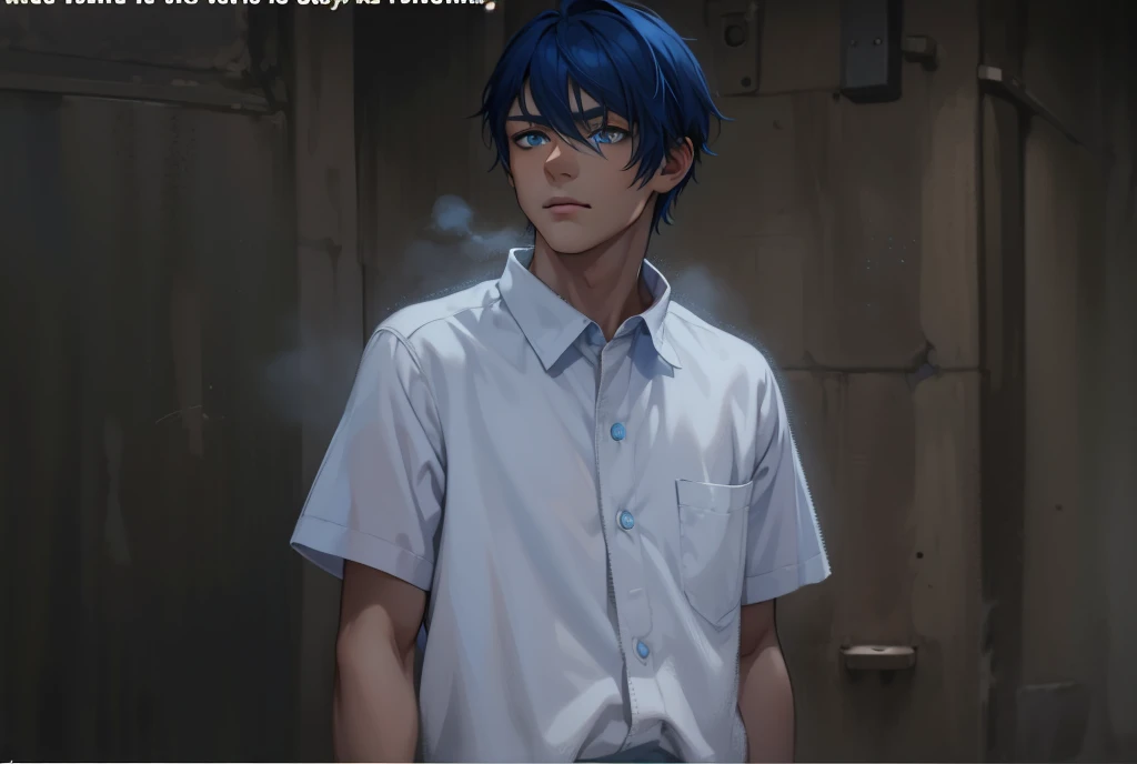 young man with blue hair and blue eyes is looking at someone, he has a serious look