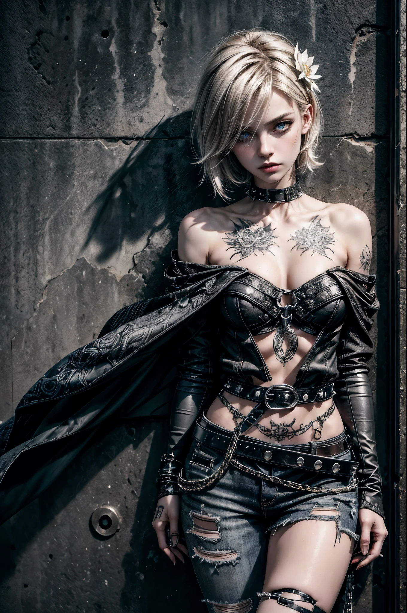 (Detailed illustrations, Very detailed and detailed drawing, Delicate lines with slow and rapid, Realistic texture expression), One woman with very short blond hair with black tips, ( emo hairstyle, ), goth, punk, pale white skin, evil smirk, (cold morning outside in the streets background), dark lighting, cold atmosphere, lore_Emma , blue eyes , dark eyeliner, (ultra dark glossy black lipstick), bored expression, gorgeous face , super cute, 18 years old , hyper detailed face, (super skinny figure , medium breast, thin waist), ((leaning back against wall with both arms close to body and hands in pocket)), (slight forward head tilt), slim legs, slim hips, LowriseXL, (ultra low rise ripped and dirty long jeans with rivets and chains), (white colored off shoulder loose fit t-shirt), (white colored shirt), black choker, bare midriff, vulva tattoo, (white lotus flower in hair), ((flower pattern tattoo)), fingerless leather gloves, (black nail polish), faded tattoo's, ((thigh belt)), ((hip chains)), ((belt hanging on hip)), ((three studded belts)), (visible strong abs)