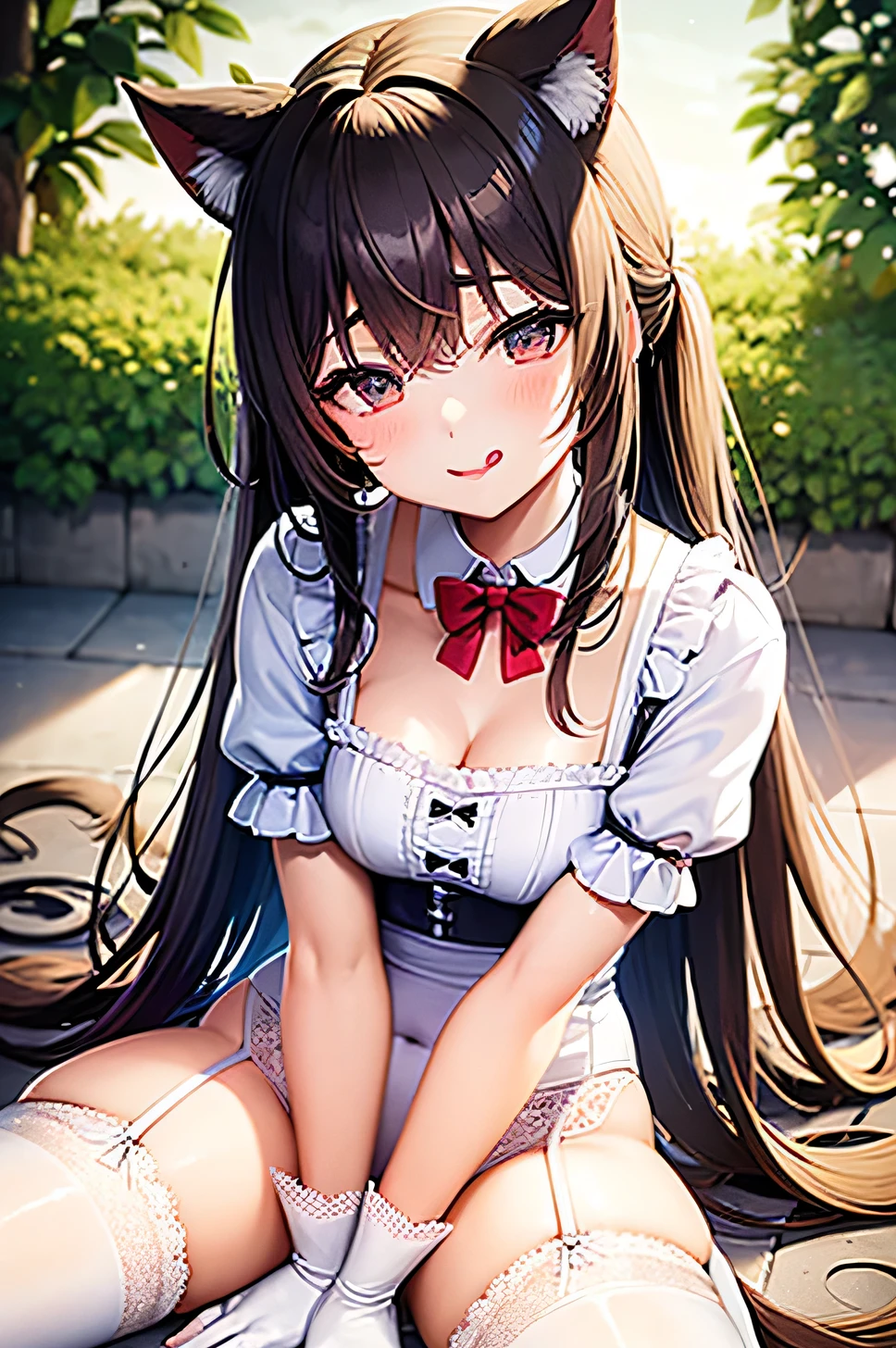 A cat girl sitting cross-legged on the ground,And open your legs in white lace suspenders,Love in the eyes ,Little tongue sticking out,White milk flowing from the mouth,Look at me with disgust and sickness
