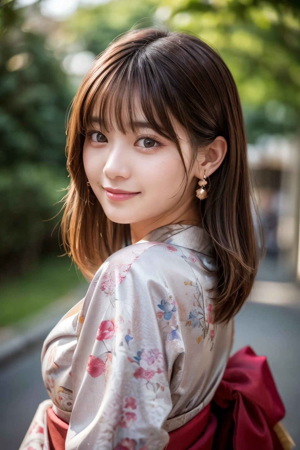 Upper Body、Beauty、Well-formed face、Wearing a gorgeous Japanese kimono、20-year-old、Uniform eyes、Small face、, light brown hair, hair over shoulder, parted bangs, straight hair, expressive hair, shiny hair, earrings, seductive smile, kanzashi, nihongami, Surrealism, cinematic lighting, first-person view, pov, f/1.2, Nikon, UHD, textured skin, best quality, highres, 8k