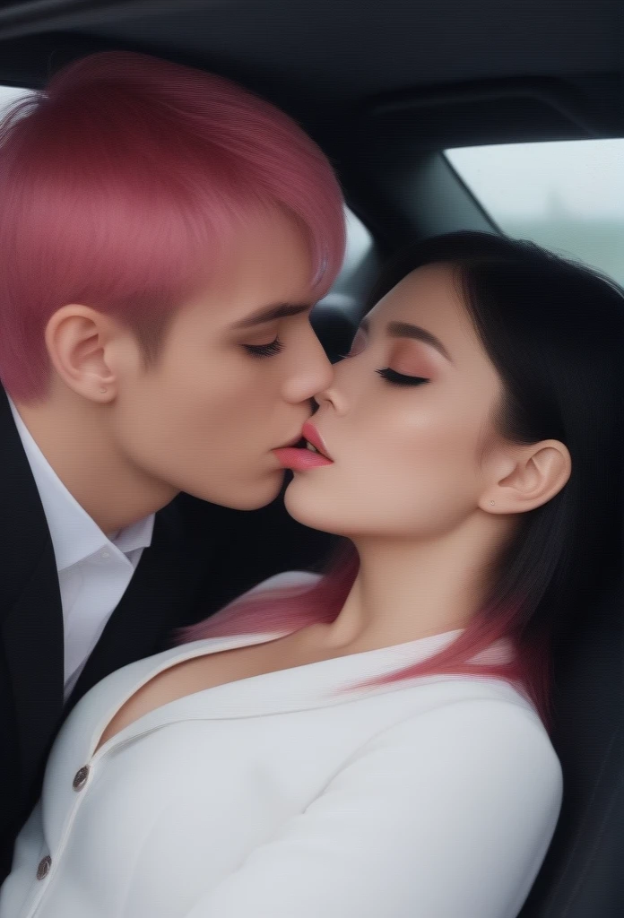 1 girl, 1 boy, beautiful detailed eyes, beautiful detailed lips, extremely detailed eyes and face, long eyelashes, pink hair, white pleated shirt, cracked button on the chest, upskirt, black hair, black catsuit, black pants, kissing in car, severe rainy weather, (best quality, 4k, 8k, highres, masterpiece:1.2), ultra-detailed, (realistic, photorealistic, photo-realistic:1.37), illustration, vivid colors, studio lighting, professional