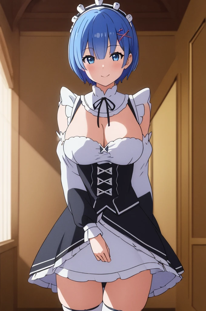 (masterpiece:1.3), (best quality:1.2), (8k, ultra detailed, ultra high res:1.2), ((anime style)), perfect 5 fingers, perfect anatomy,
1girl,
short hair,
blue hair,
blue eyes,
maid headdress, ribbon, x hair ornament,
large breasts,
maid uniform, black unuform, detached sleeves, white tights,
BREAK smile,
looking at viewer,
cowboy shot,
indoor, nsfw, sexy,