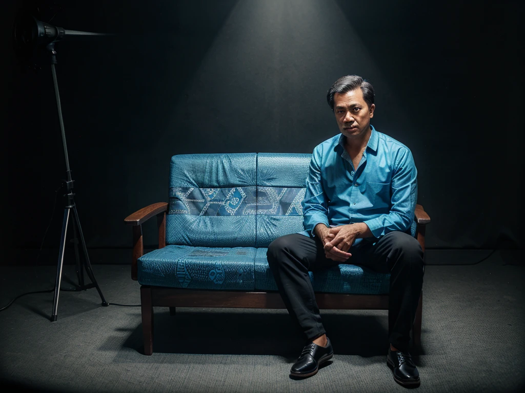 studio photo of father wearing light blue batik sitting on a chair, black pants. shiny black shoes dark background.