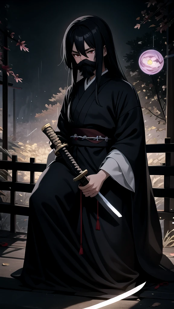name: Kumojiri, Knight of Umbranox
Element: UMBRANOX
Description: A reclusive and enigmatic samurai cloaked in inky shadows. Whispers in the village speak of his unmatched prowess and fierce devotion to Erasing Light, his unyielding justice. Often seen with his faithful hound, Ikora, his attire and spirit ailquan noteworthy of tales or memem
Prompt: ((((Dr. ��тся, Best quality, Ultra-high resolution)))), 1man, stoic, sitting, (white hair, black hair beneath hood:1), long hair tied back, (made of shade:1), ((bright orange eyes:0.1, glowing beckoning red eyes:0.9)), ((deeplydetailed face, full beard, shrouded in shadows:0.9, slightly askew slanted mask with menacing visage:0.1)), (+centered), (cliffside, twilight, drizzling rain, tall purple lotus flower:0.7), mustached, carrying traditional samurai sword conjoined with shadow barrier, wearing aeten pseudo-kamishimo, wearing (blacknn ink specks throughout cloake and belt:1), grasping the tasseled guard of his weapon arm, left foot resting on short stone monolith, kneeling on stabilized, meditative stance, mysterious demeanor, wide eyes(), slashing rain with each breath drawn, added lighting texture., dark wooden bowl emitting cherry blossom fragrance near him, flash of silver in ears beblocks, bush daimyo style sleeve pattern on cloak or left thigh, sitting between towering bamboo creatures with ically black eyes, seeping cinematic depth, and nurturing the crying bloodlotus. Approximately 40 years old, with uncertain nod toward the night sky, exuding secretlystoreg thkkage. ((air:0.4)), chonky, steady hand, captivating aura, exuding both solace and absolute diligence within his core being, equipped with katana swords that incorporagte his absorbtion abilities according to the users command by nightful