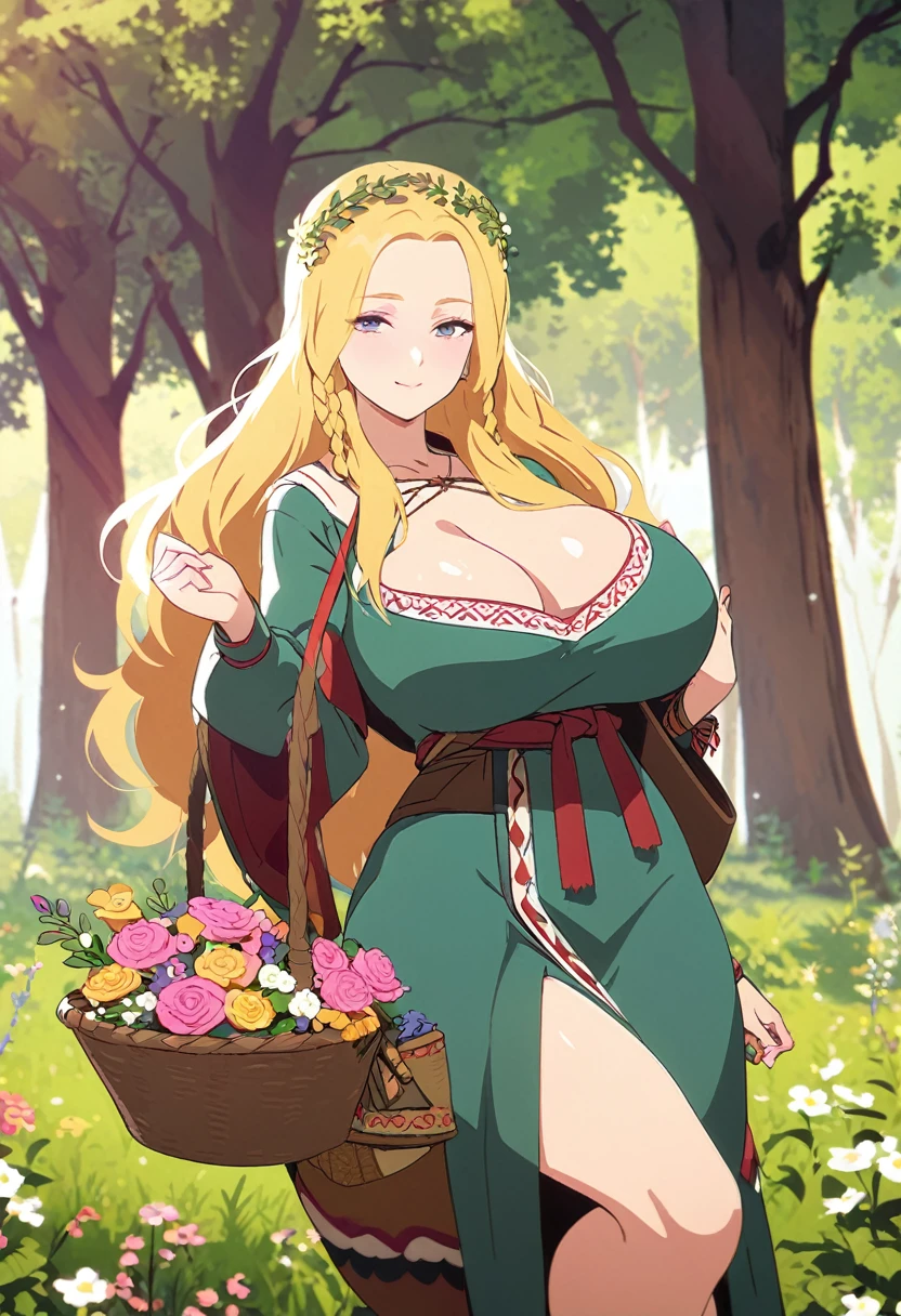 young woman, Ancient Russia, thick thighs, lush breasts, Traditional Russian clothing, the forest, village, long blonde hair with braid, wreath of flowers, Basket of flowers, 