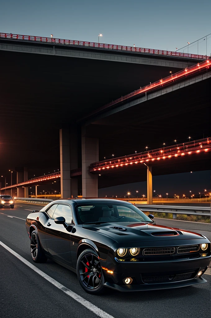 Black Dodge Challenger with red interior, on a highway, highlighted more than the other cars, and on a beautiful clear evening