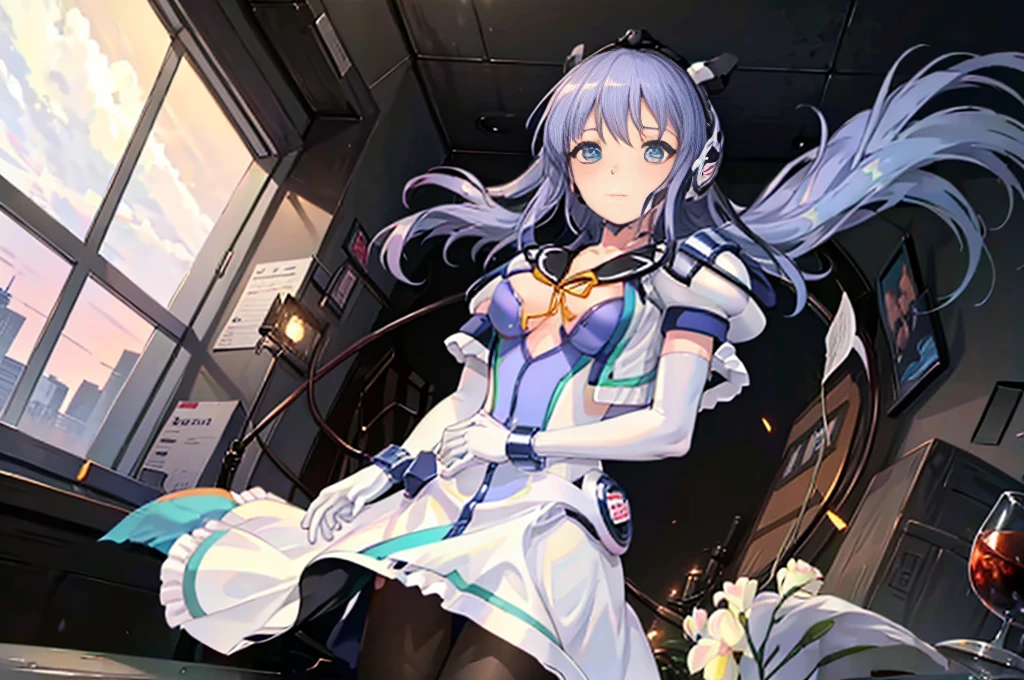 Highest quality，symphony_sugar,Light blue hair,Dark blue eyes,hair ornaments,Long Hair,White Long_Gloves,light blue short dress,Black Pantyhose,High heels, ,Show me your boots，Gloves，elegant, 1 Girl, cute, Blushed, Looking at the audience, From below, prison，Beautiful Eyes, Beautiful background, Particles of light, Light of the sun, Dramatic lighting, outside, Shiny, Realistic, Highest quality, Very detailed, Get used to it, scenery, Beautiful and detailed, Thin Hair，Full Body Shot，