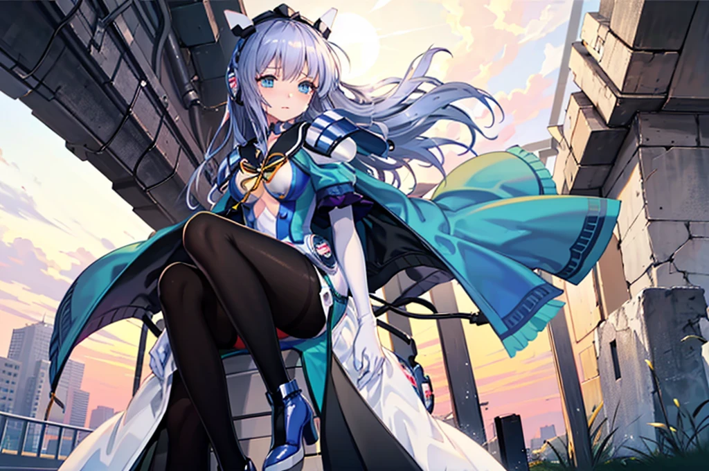 Highest quality，symphony_sugar,Light blue hair,Dark blue eyes,hair ornaments,Long Hair,White Long_Gloves,light blue short dress,Black Pantyhose,High heels, ,Show me your boots，Gloves，elegant, 1 Girl, cute, Blushed, Looking at the audience, From below, prison，Beautiful Eyes, Beautiful background, Particles of light, Light of the sun, Dramatic lighting, outside, Shiny, Realistic, Highest quality, Very detailed, Get used to it, scenery, Beautiful and detailed, Thin Hair，Full Body Shot，