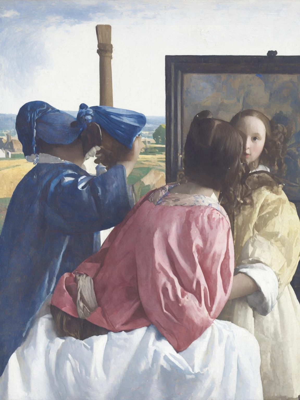 (classic painting, classical art:2.0) 2 women, (29 year old woman), (***********, 4 years)  They take a selfie and on their backs you can see two cabins, artwork,, Wonderful, very vivid colors ( painting by Johannes Vermeer)