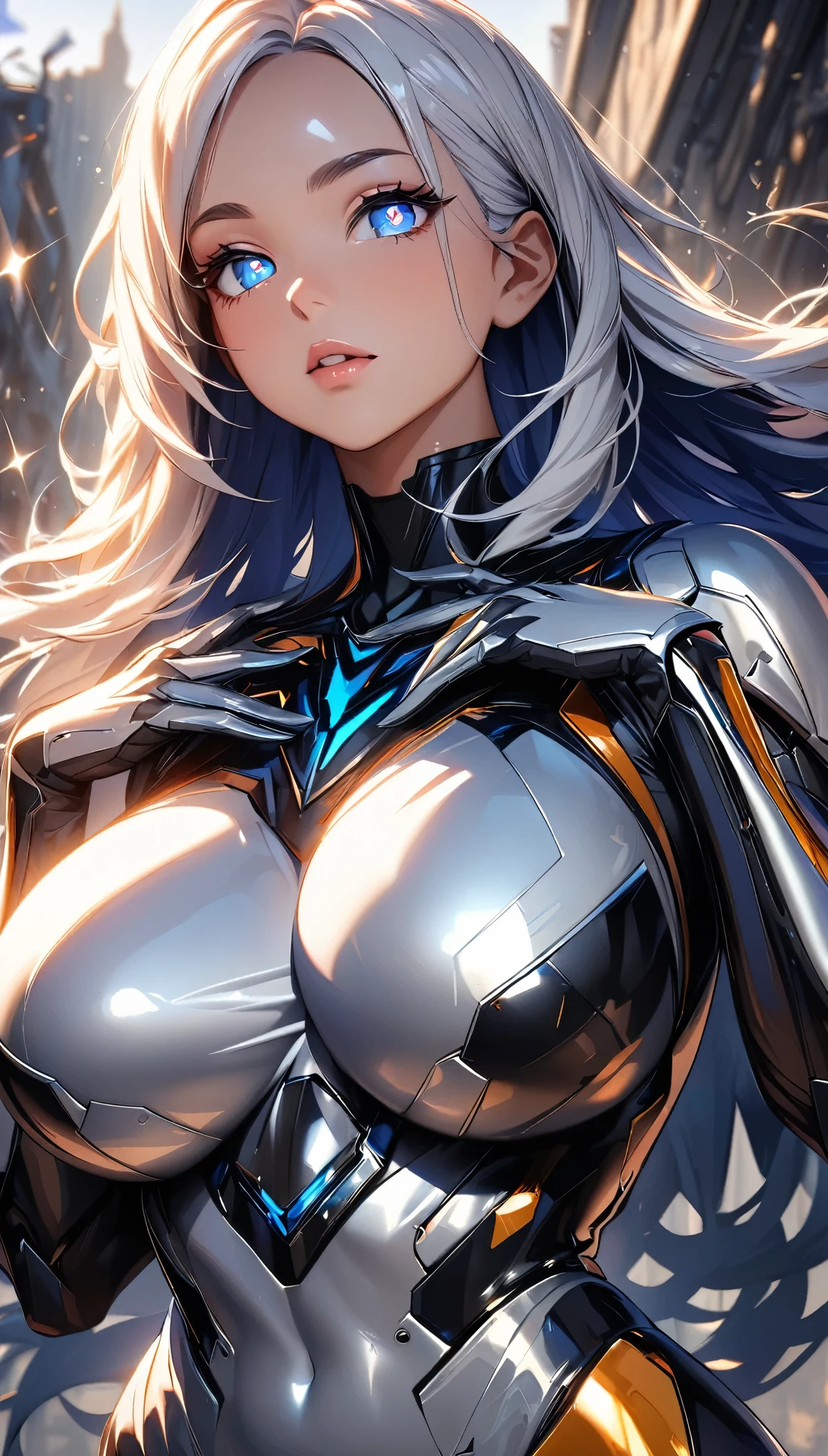 (1 Girl), Long Hair, Big Breasts, Bionic Armor, Black-based metal suit, Robot Girl, steel & Titanium Leather, metal texture, Beautiful Face, Cybernetic Eyes, Clear pupils, Sparkle in the eyes, Perfect hands(Five fingers), perfect body, Beautiful Hair, Shiny Hair, Beautiful Skin, Detailed face and eyes, Glossy Lips, Curvy Women, Dynamic Angle, Friendly atmosphere, Very detailed, Cinematic, dramatic, powerful, strong, (Highest quality:1.2, Very detailed, Latest, Vibrant, Ultra-high resolution, High Detail, High Contrast, masterpiece:1.2, Highest quality, Best aesthetics)