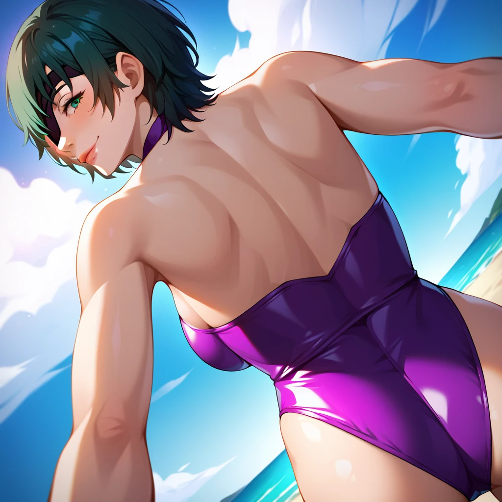  female, maturet, himeno, himeainsaw M1girl, black hair, short hair, eyepatch, Himeno(Chainsaw Man),  naughty face, nsfw, Bending forward, Spread arms, Raise arms, looking back, From back, Beach, Night, latex purple leotard, dramatic angle, unique perspective, unique angle, masterpiece, Top animation quality，Top image quality,