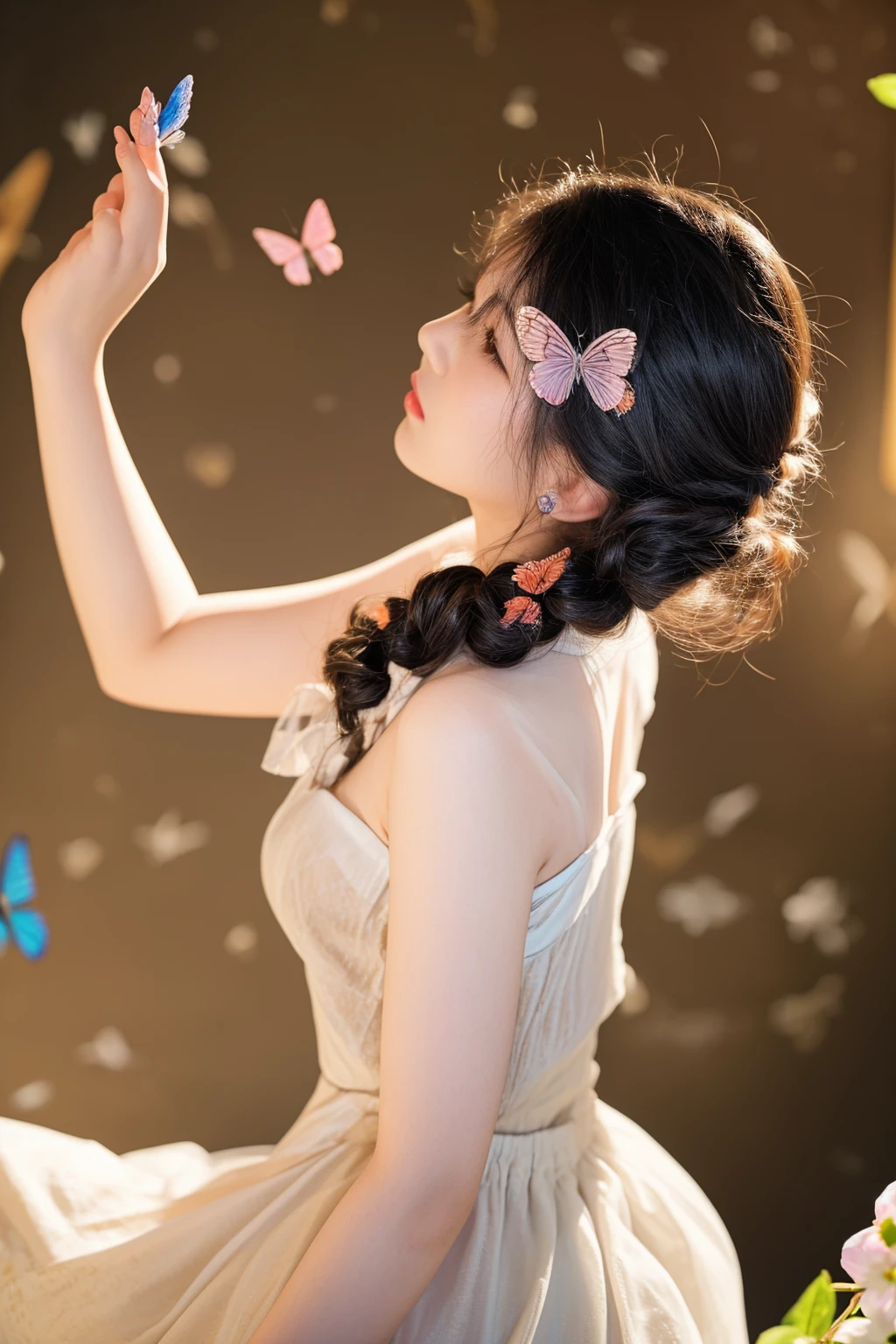 there is a woman in a dress holding a butterfly in her hand, captured on canon eos r 6, aesthetic cute with flutter, pigtails hairstyle, photo taken with nikon d 7 5 0, photo taken with nikon d750, shot with canon eoa 6 d mark ii, chinese girl, butterfly, moth inspired dress, sha xi