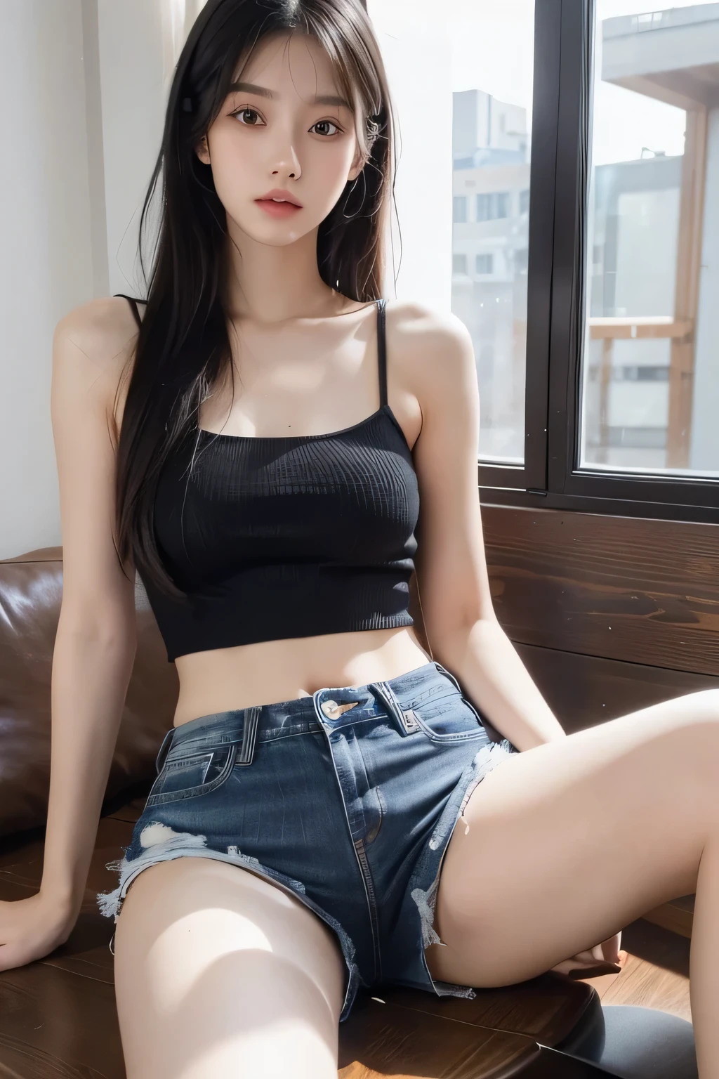 highly detailed face and body, 8k,  21 years old, model, tall, perfect body, passionate and cute look, long black hair, black eyes, knit top with denim shorts, small firm breasts, light skin, sitting on table, legs spread wide open