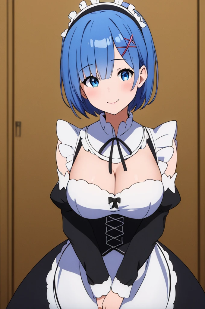 (masterpiece:1.3), best quality, (8k, ultra detailed, ultra high res:1.1), (anime style), perfect 5 fingers, perfect anatomy,
1girl,
short hair,
blue hair,
blue eyes,
maid headdress, ribbon, x hair ornament,
large breasts,
maid uniform, black unuform, detached sleeves, white tights,
BREAK smile,
looking at viewer,
cowboy shot,
indoor,