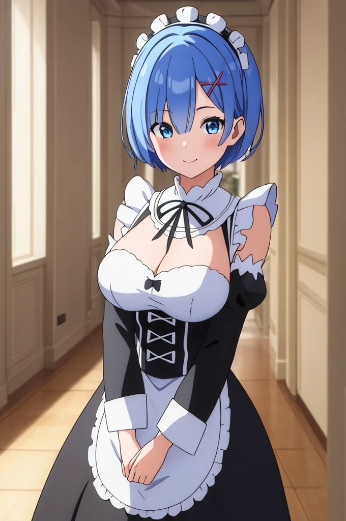 (masterpiece:1.3), best quality, (8k, ultra detailed, ultra high res:1.1), (anime style), perfect 5 fingers, perfect anatomy,
1girl,
short hair,
blue hair,
blue eyes,
maid headdress, ribbon, x hair ornament,
large breasts,
maid uniform, black unuform, detached sleeves, white tights,
BREAK smile,
looking at viewer,
cowboy shot,
indoor,