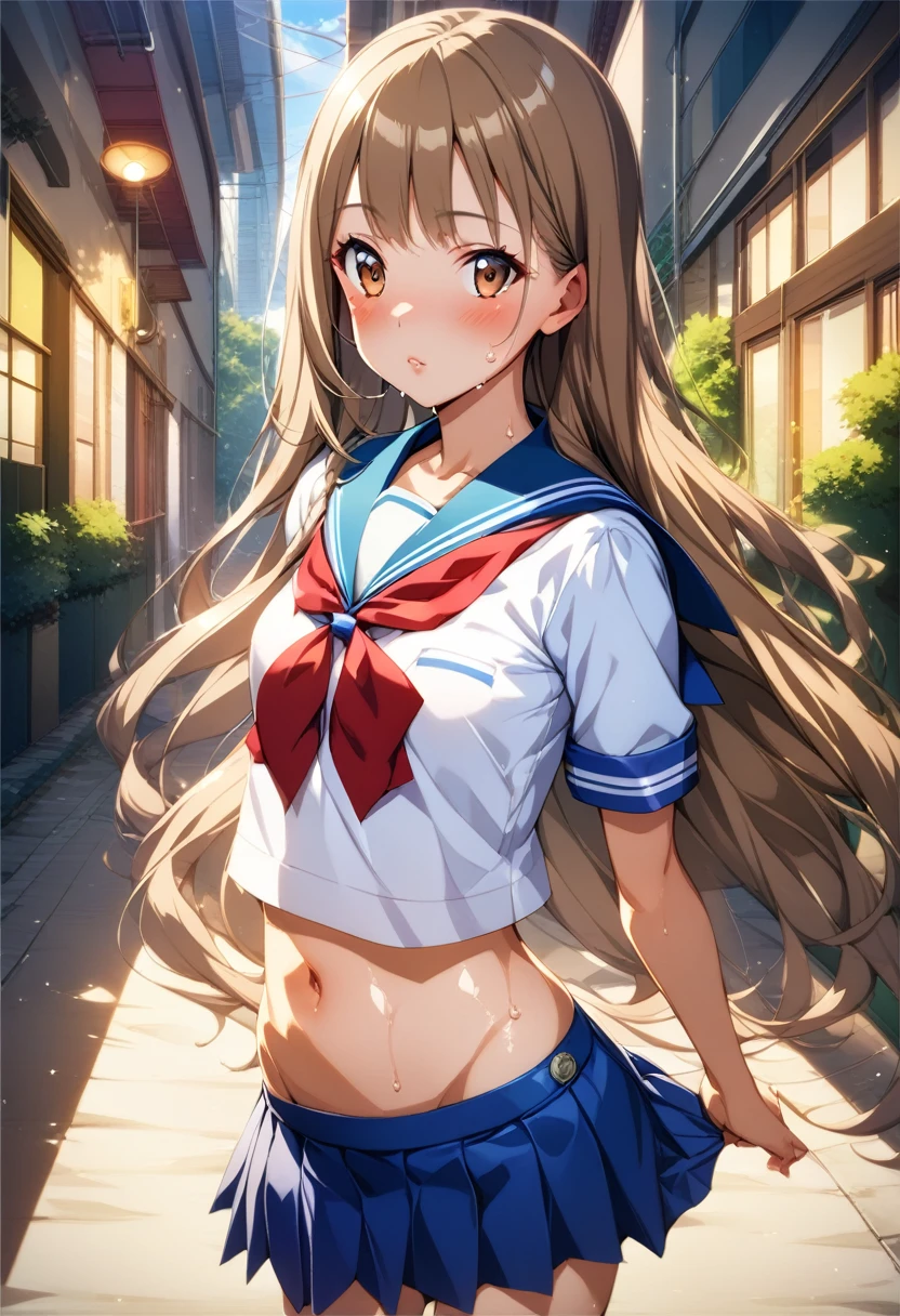 ((masterpiece,Highest quality;1.3,best illustration)),cowboy shot,1woman、20 year old beauty、独奏,((very small head:1.5)),brown hair,long hair,bangs,brown eyes,gorgeous eyes,blush,small breasts,((very long body:1.3)),((toned body,slender body,skinny)),gleaming skin,shiny skin,oily skin,sweat,(school uniform、Sailor suit、mini skirt)、on street,Tokyo,