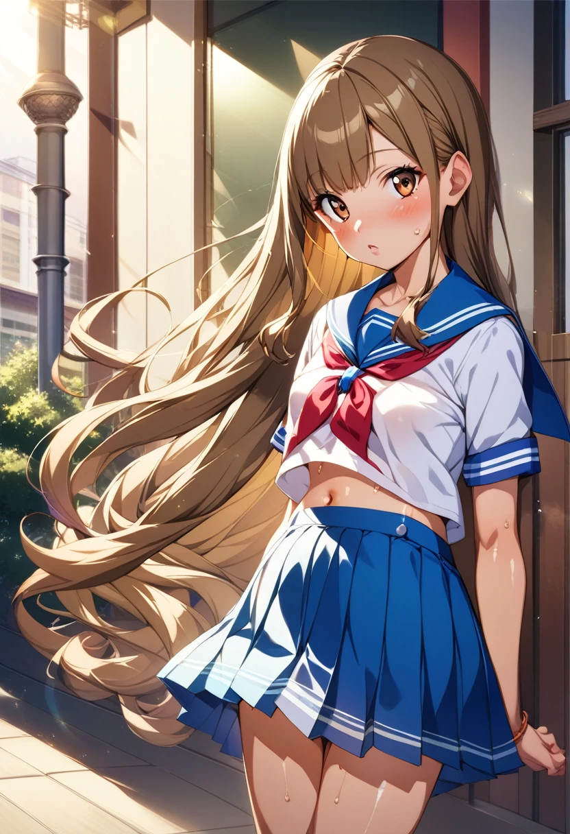 ((masterpiece,Highest quality;1.3,best illustration)),cowboy shot,1woman、20 year old beauty、独奏,((very small head:1.5)),brown hair,long hair,bangs,brown eyes,gorgeous eyes,blush,small breasts,((very long body:1.3)),((toned body,slender body,skinny)),gleaming skin,shiny skin,oily skin,sweat,(school uniform、Sailor suit、mini skirt)、on street,Tokyo,