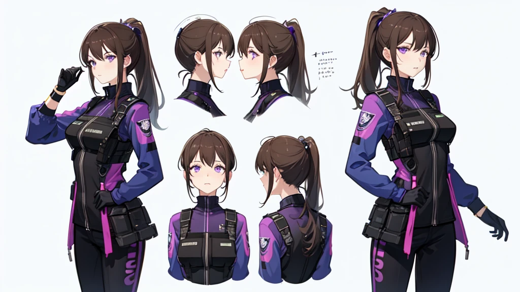 One Mature woman,human, Dark hair with purple strands, Ponytail, purple eyes, black outfit,wearing bulletproof vest, beautiful, masterpiece, best quality, perfect lighting, extremely detailed CG unity 8k wallpaper, reference sheet, model sheet, simple white background, (multiple views, [from behind|from side|from front|close-up|portrait]:1),