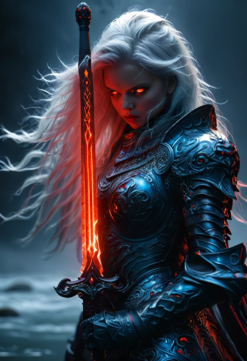 8k resolution, depth of field, photorealistic, lens flare, ((best quality)), (((intricate details))), highly detailed, (((cinematic effect))), looking at viewer,1girl,breasts,long hair, ((white hair with black highlights)), ponytail, (glowing red eyes), serious and severe face, demonic armor, helmet in the shape of a blood red head,holding,cleavage, (dark aura,blue:1.5),vaporous swirls of deep black,holding weapon, sword, holding sword, night, (underworld,hells), well of cursed souls, (((the river styx background:1.5))),UHD, no anatomical defects,masterpiece, best quality, hyper detailed, ultra detailed, super realistic,majestic, awesome, inspiring, cinematic, global illumination, dramatic, atmospheric haze, cinematic composition, deep shadows 