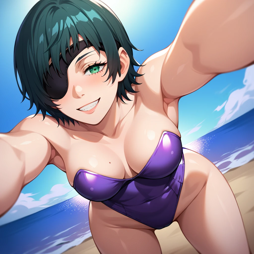 mature female, mature, Adult, himeno, himeno(Chainsaw Man), 1girl, black hair, short hair, eyepatch, Himeno(Chainsaw Man), solo, seductive smile, grin, nsfw, Villains, Bending forward, Spread arms, Raise arms, A small pink smooth octopus sticks to the top of himeno's head, chest, View your audience, Beach, At night, Dark, latex purple leotard, dramatic angle, unique perspective, unique angle, masterpiece, Top animation quality，Top image quality,