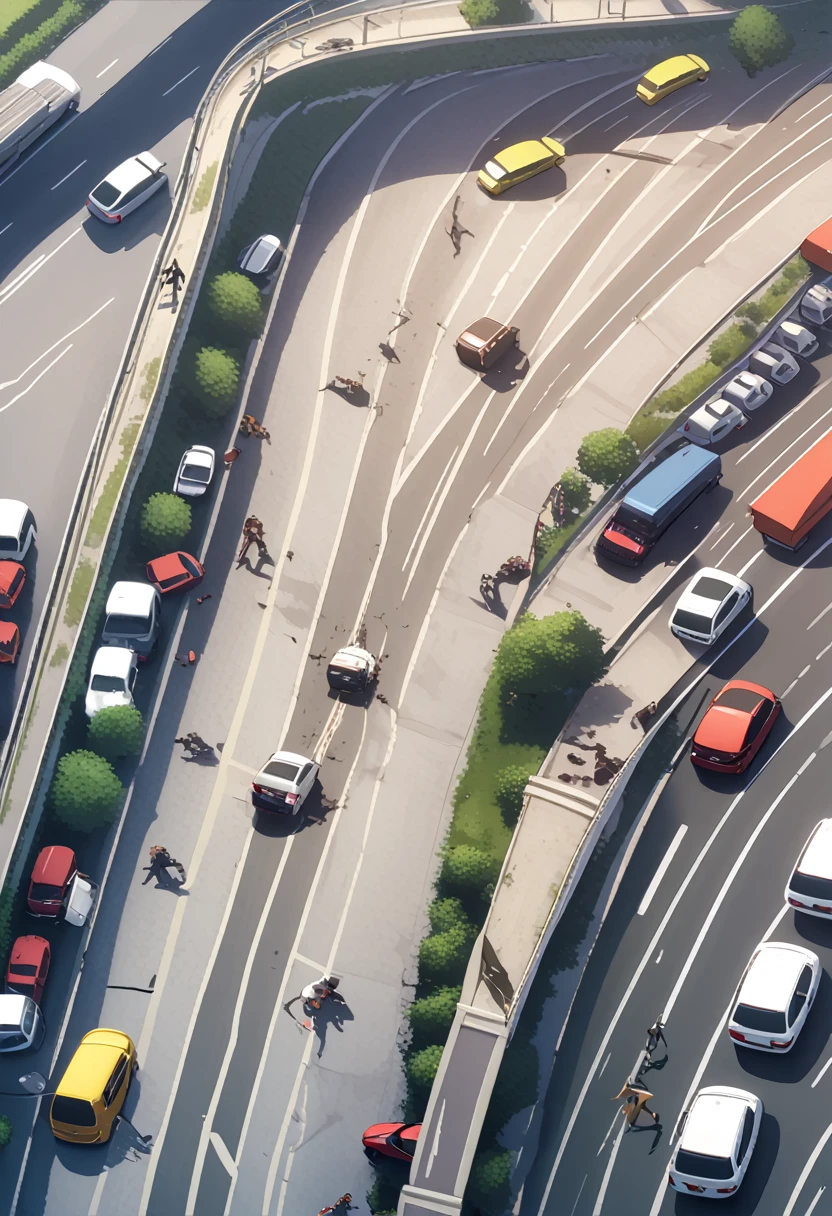 woman,spats,belly button,Tank top,slender,run away,Clothes are torn,Covered in scars,fear,Watery eye,Being chased by a horde of zombies,End of the World,Defects in the body,Expressway,traffic jam,Car accident,fire
