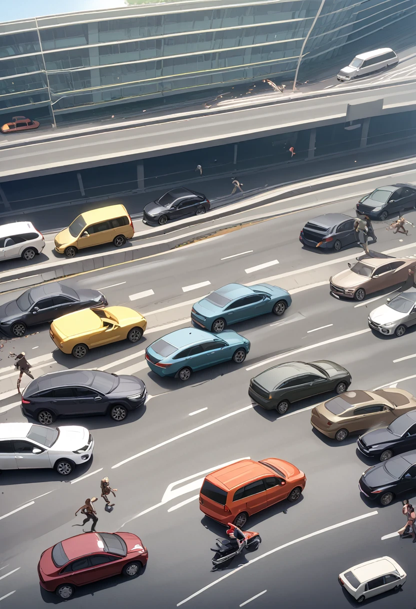 woman,spats,belly button,Tank top,slender,run away,Clothes are torn,Covered in scars,fear,Watery eye,Being chased by a horde of zombies,End of the World,Defects in the body,Expressway,traffic jam,Car accident,fire