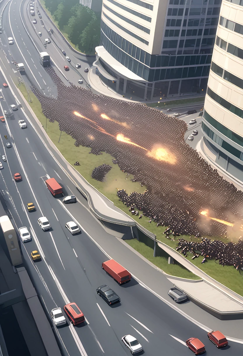 woman,spats,belly button,Tank top,slender,run away,Clothes are torn,Covered in scars,fear,Watery eye,Being chased by a horde of zombies,End of the World,Defects in the body,Expressway,traffic jam,Car accident,fire
