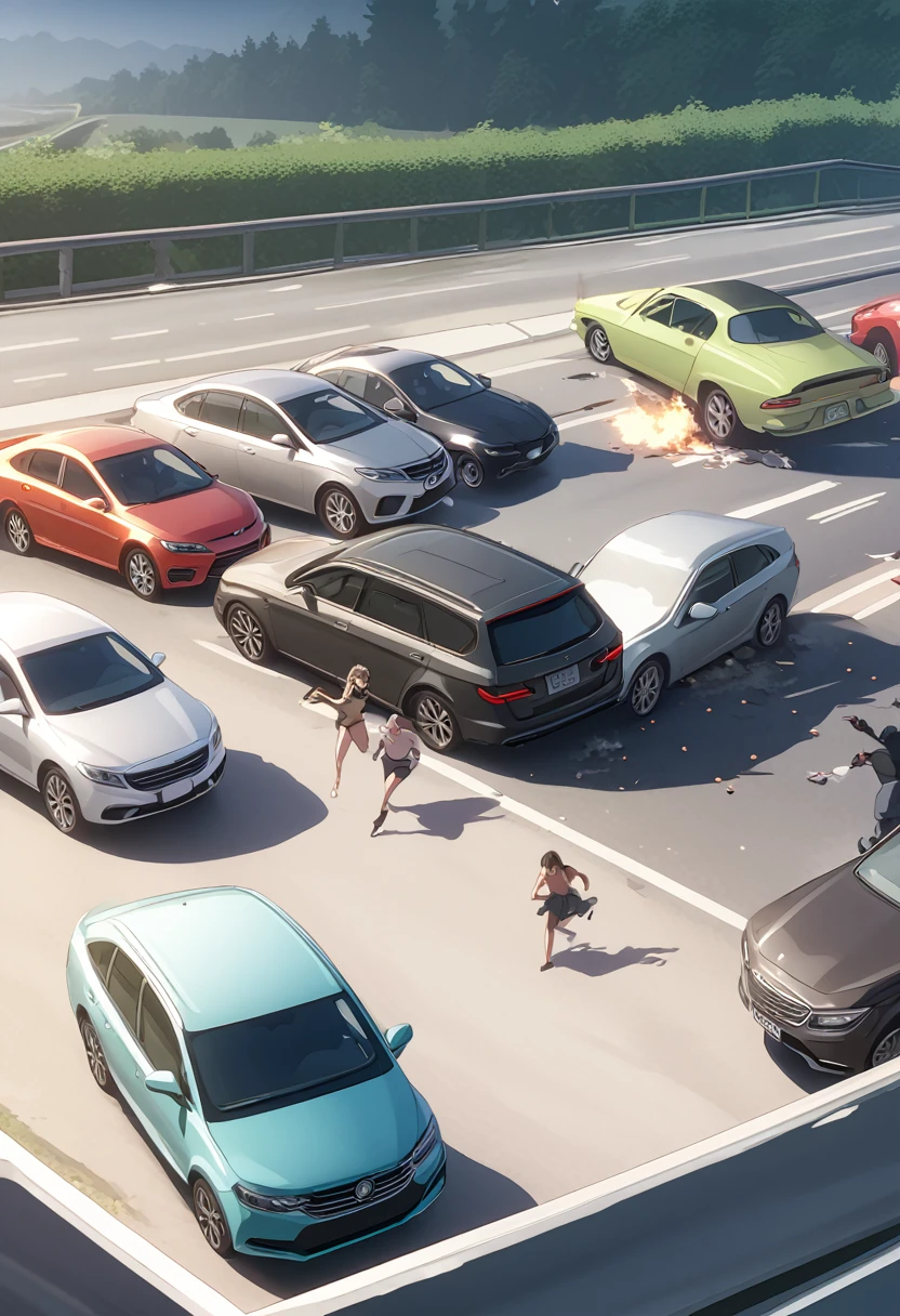 woman,spats,belly button,Tank top,slender,run away,Clothes are torn,Covered in scars,fear,Watery eye,Being chased by a horde of zombies,End of the World,Defects in the body,Expressway,traffic jam,Car accident,fire