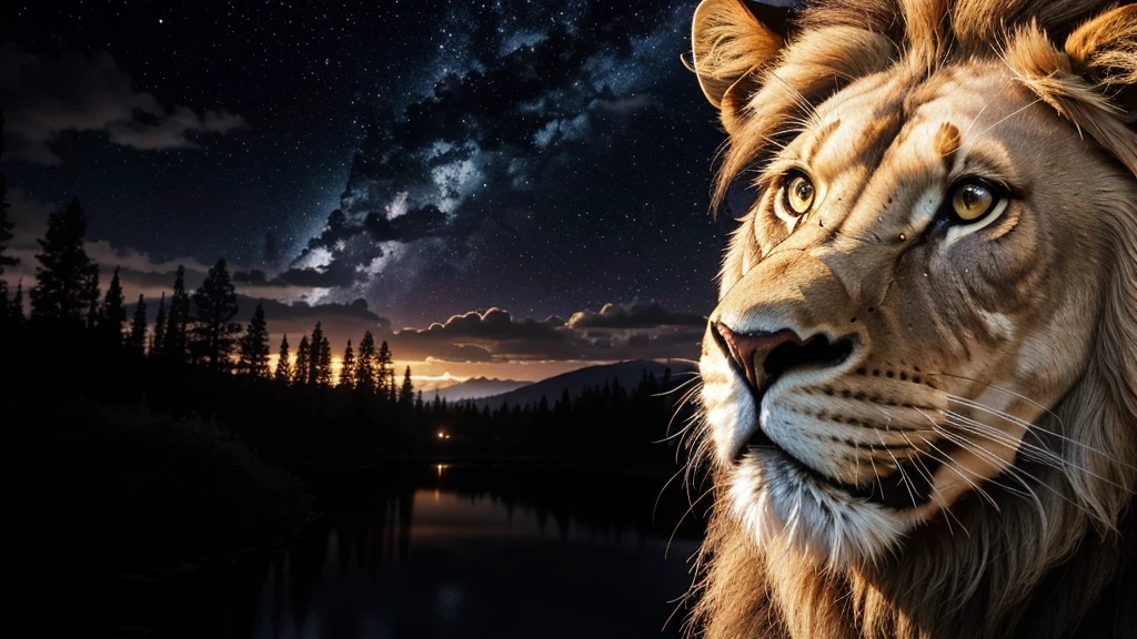 Lion, Divine Lion, naturals, naturals, ferocious, masculine, mighty, golden lion, Powerful Lion, Beautiful nature, Great Realistic Lion, FullHD 8K, Sky ligh, Sunset Night, Ligh Sky Sun, Balck Golden, black andwhite, black and gold, detailed realistic face, 8K Detailed Realistic White Lion, Ultrarealistic 8k |, Energia de thunder realista detalhada, Strong Creature realista detalhada, Strong Creature, Lion macho, Rendering, Fotorrealista 8K, UltraHD Alta definição 8K, Detailed Realistic 16K, Nitidez Fotorrealista 8K, 16K photorealistic textures, Contraste Fotorrealista 8K, Sombras Fotorrealistas 8K, Luzes Fotorrealistas 8K, Detailed realistic sunset, Detailed Realistic Lion Face, Detailed realistic light, detailed textures, thunder, detailed shadows, detailed colors, Celestial Electricity, Golden thunder, Lion realista, Ultra Realistic 16K, Realistic 16K, Realistic 16K sharpness, 16K photorealistic textures, 16K realistic colors, powerful creature, Majestic power, Power of Heaven, Great Divine, detailed contrast, realistic contrast, high resolution, detailed colors, fire, villany, divine creature, 8K, realistic detailed, 16K, 8K, High definition, detailed contrast, realistic contrast, high resolution, detailed colors, fire, villany, divine creature, realistic detailed, posh, chic