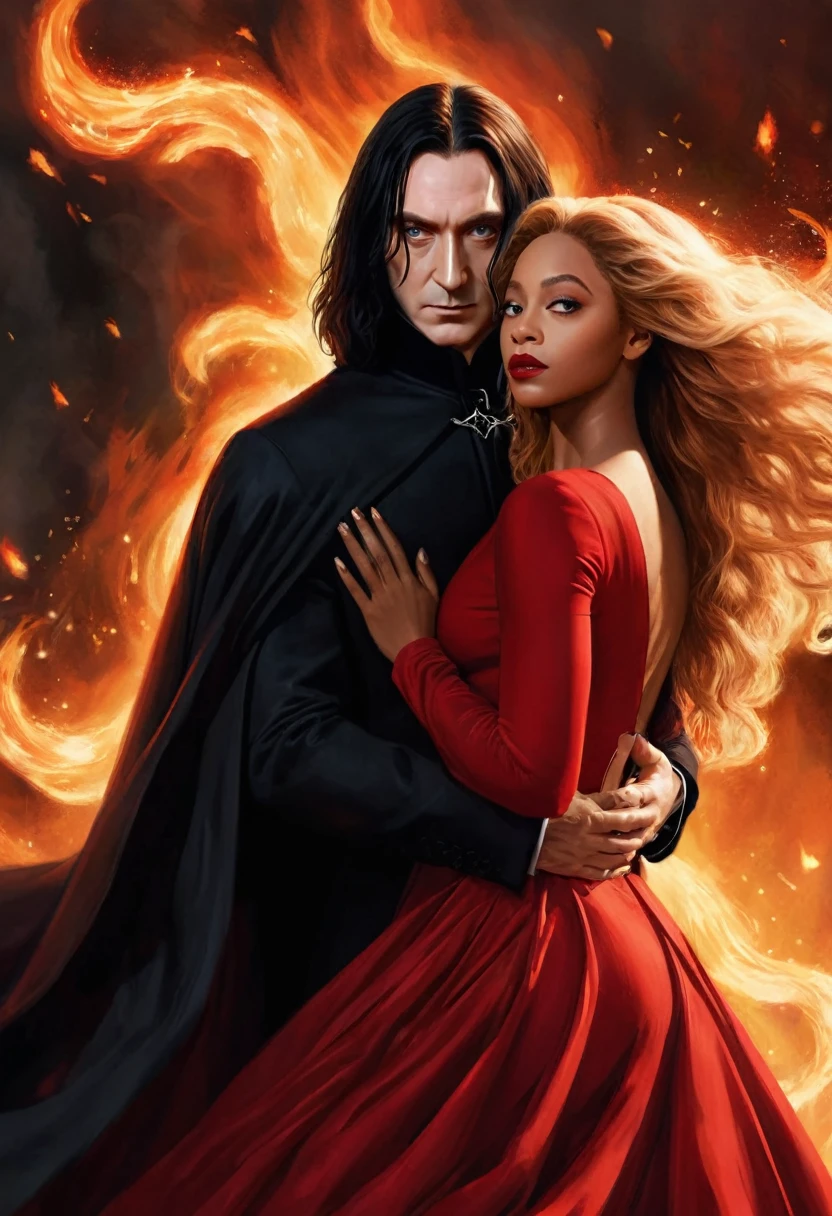 ### Scene: Create an image of two people in love in a setting of mystery and passion.
**Woman's Appearance:**
- Resembles Beyoncé
- Brown skin
- Long, golden blonde curly hair
- Confident and seductive expression
- Wearing a red dress, elegant and form-fitting
- Lips painted a deep, intense red
**Man's Appearance:**
- Resembles Severus Snape
- Pale skin
- Large nose
- Black, straight hair falling around his face in a somber manner
- Serious and intense expression
- Wearing a black cloak, contrasting with the flames around them
**Atmosphere:**
- Surrounded by flames, creating a mystical and fiery ambiance
- Soft lighting highlighting their faces, enhancing the sparkle in their eyes
- Flames adding an element of intensity and mystery to the scene
- They are close to each other, gazing intensely into each other's eyes, exuding a strong emotional connection