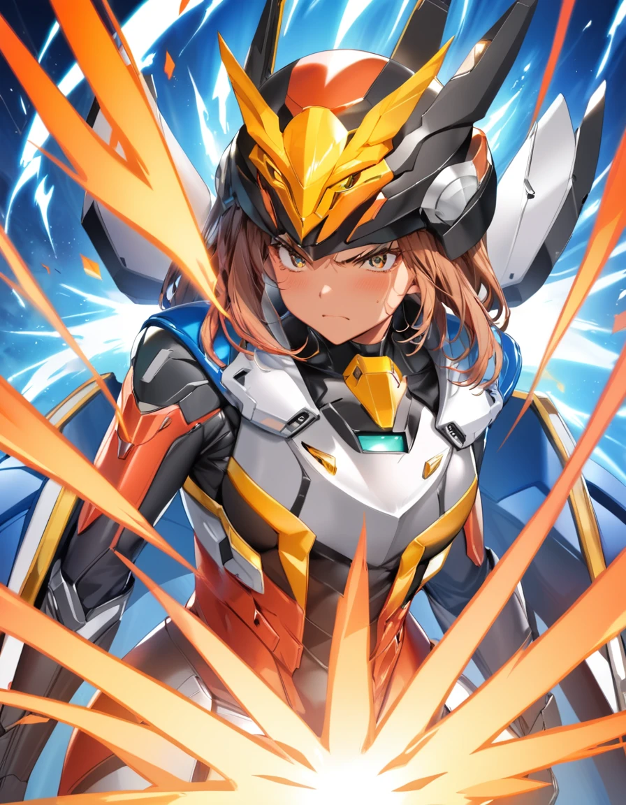 dynamic angle, (close up face), a ultra detailed beautiful moe anime, (angry, embarrassed), tan, tsundere gal wearing a powered suit is a fusion of chaos and harmony. Her vibrant hair color and flashy nails contrast with the suit’s cold metallic quality. When she dons the suit’s helmet, her eyes blaze with fighting spirit and determination. Yet, amidst that strength, glimpses of her tsundere nature peek through. As she takes control of the powered suit, her movements overwhelm enemies in an instant.