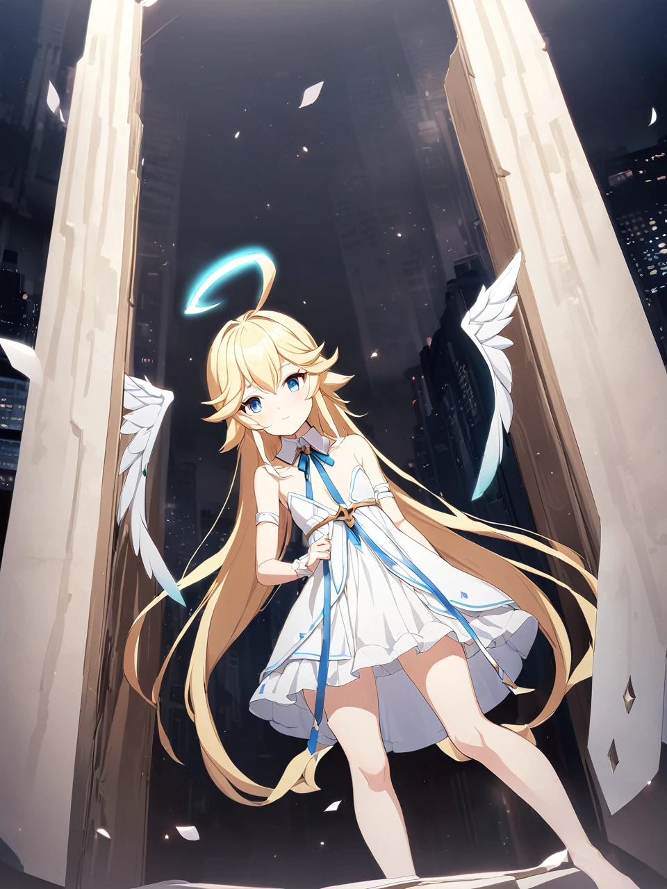 Zaora, blue eyes, (Variegated eyes:0.5), Blonde, Very long hair, Twin Blade, bangs, Ahoge, Hello, Angel, Flat Chest, White Dress, Belly button cutout, Detachable collar, Strapless, Neck ribbon, Bare shoulders, Angel wings, barefoot, One girl, Solo Break Space, City, Depth of written boundary, Cinematic, masterpiece, Highest quality, Game CG
 