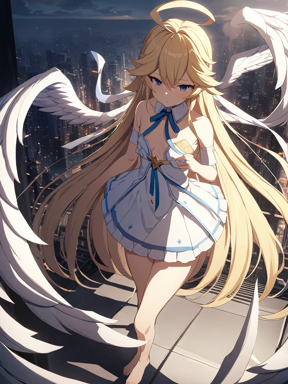 Zaora, blue eyes, (Variegated eyes:0.5), Blonde, Very long hair, Twin Blade, bangs, Ahoge, Hello, Angel, Flat Chest, White Dress, Belly button cutout, Detachable collar, Strapless, Neck ribbon, Bare shoulders, Angel wings, barefoot, One girl, Solo Break Space, City, Depth of written boundary, Cinematic, masterpiece, Highest quality, Game CG
 