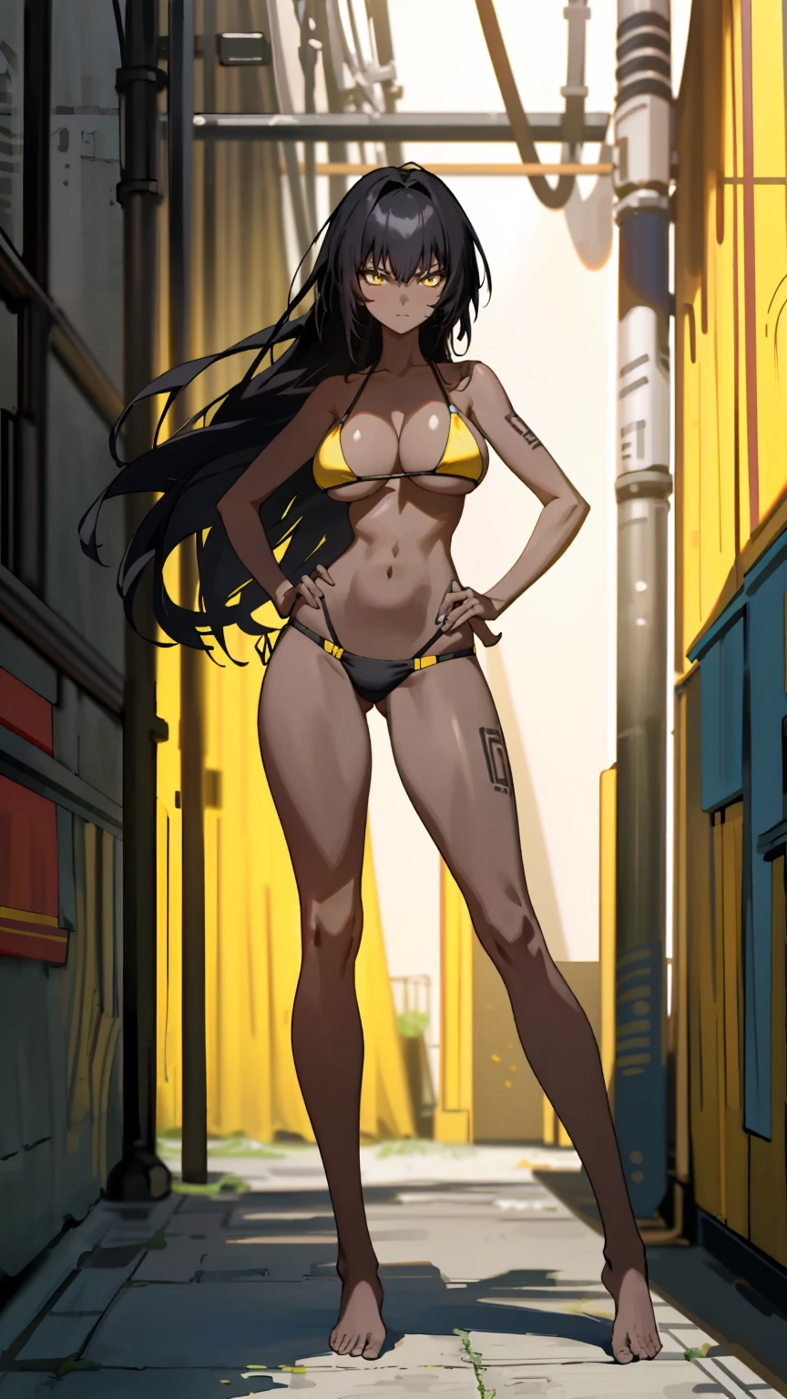 Masterpiece, best quality, high resolution, 1 woman, Karin , black skin , black hair , yellow eyes , black bikini , abdomen , big breasts, Long legs , Barefoot , Put your hands on your hips. , stand perfectly erect , alley , tall building