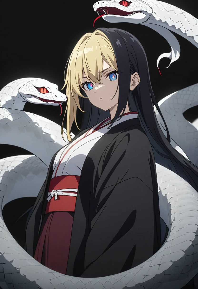 One woman, masterpiece, top quality, fair skin, black hair, blonde hair, blue eyes, red pupils, snake, plain white kosode, black haori, black scales, wearing a red obi, anime, black background