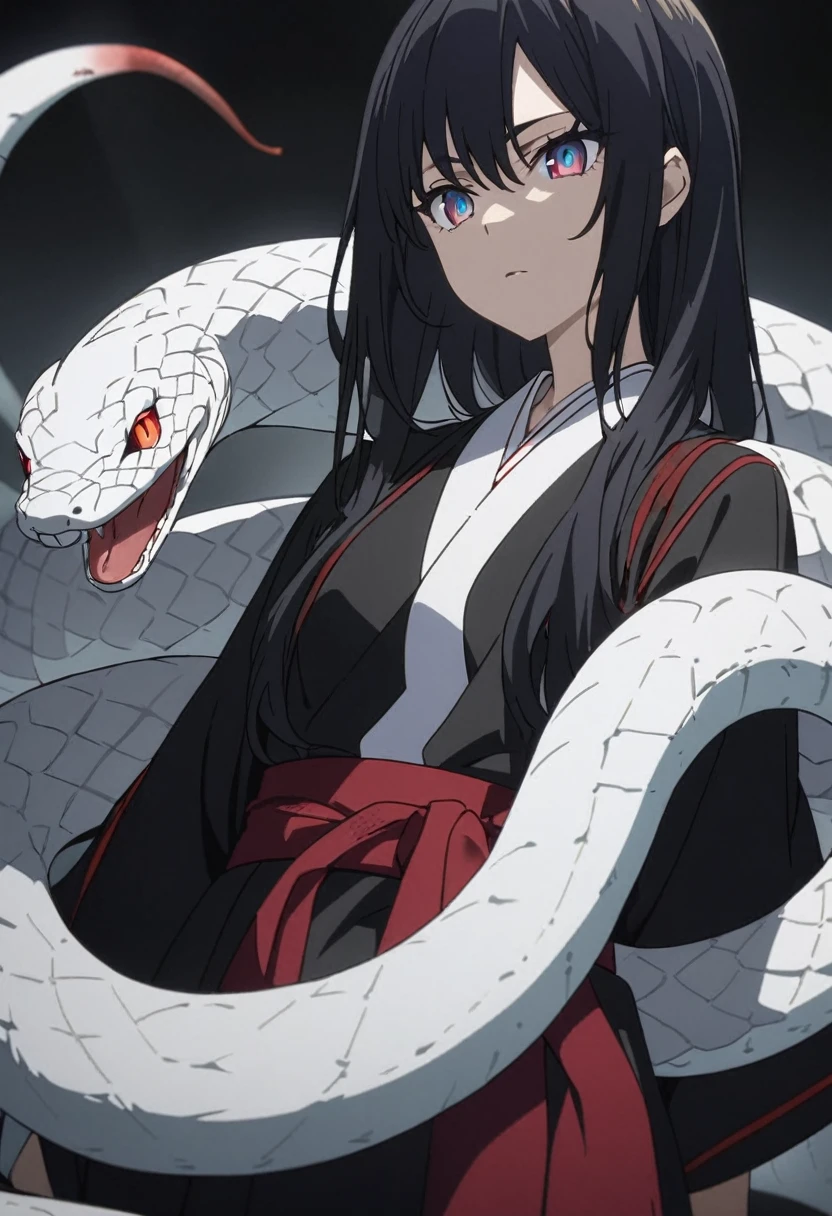 One woman, masterpiece, top quality, fair skin, black hair, blonde hair, blue eyes, red pupils, snake, plain white kosode, black haori, black scales, wearing a red obi, anime, black background