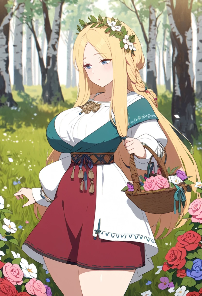 young woman, Ancient Russia, thick thighs, lush breasts, Traditional Russian clothing, Birch Grove, long blonde hair with braid, wreath of flowers, Basket of flowers, 