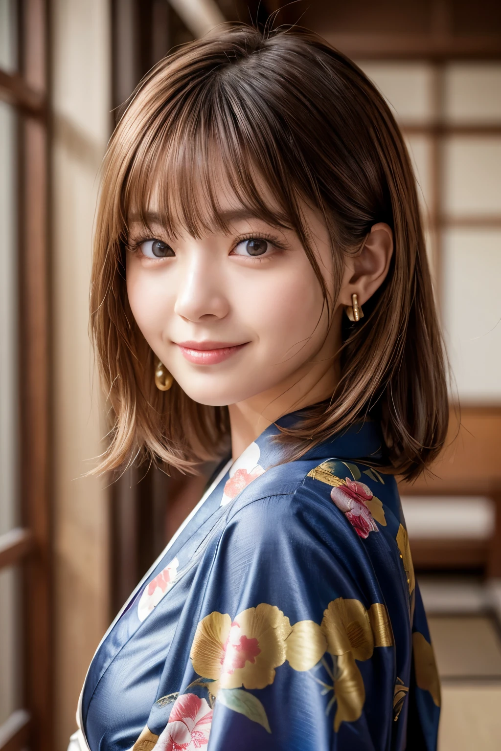 Upper Body、Beauty、Well-formed face、Wearing a gorgeous Japanese kimono、20-year-old、Uniform eyes、Small face、, light brown hair, hair over shoulder, parted bangs, straight hair, expressive hair, shiny hair, earrings, seductive smile, kanzashi, nihongami, Surrealism, cinematic lighting, first-person view, pov, f/1.2, Nikon, UHD, textured skin, best quality, highres, 8k